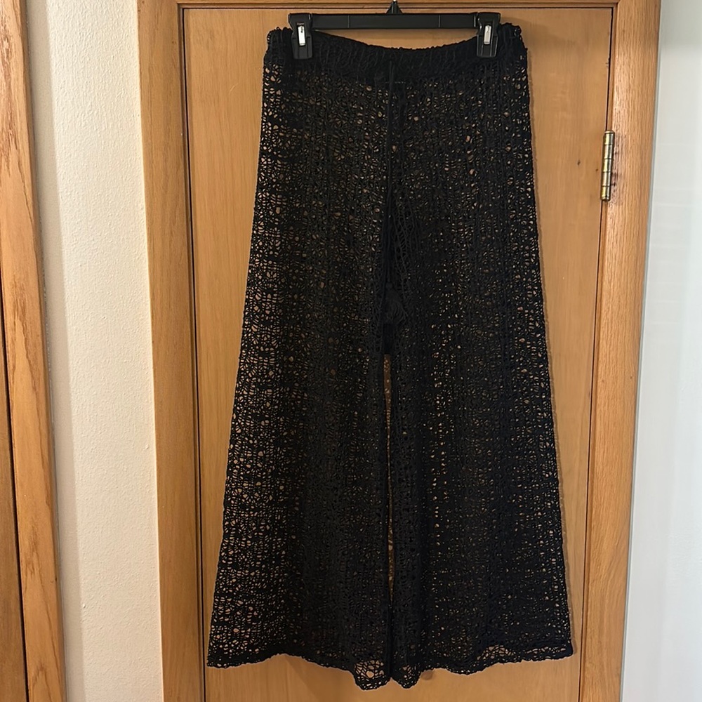 Haebaragi Women’s Mesh Crochet Sheer Wide Leg Pants Swim Coverup Black S-M